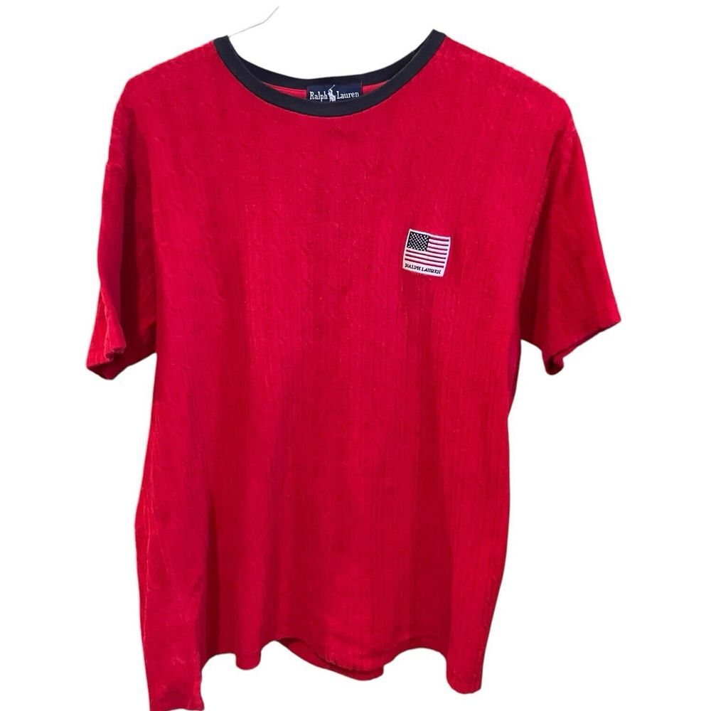 Men's Ralph Lauren Shirt Medium Textured‎ Knit American Flag Short Sleeve Red